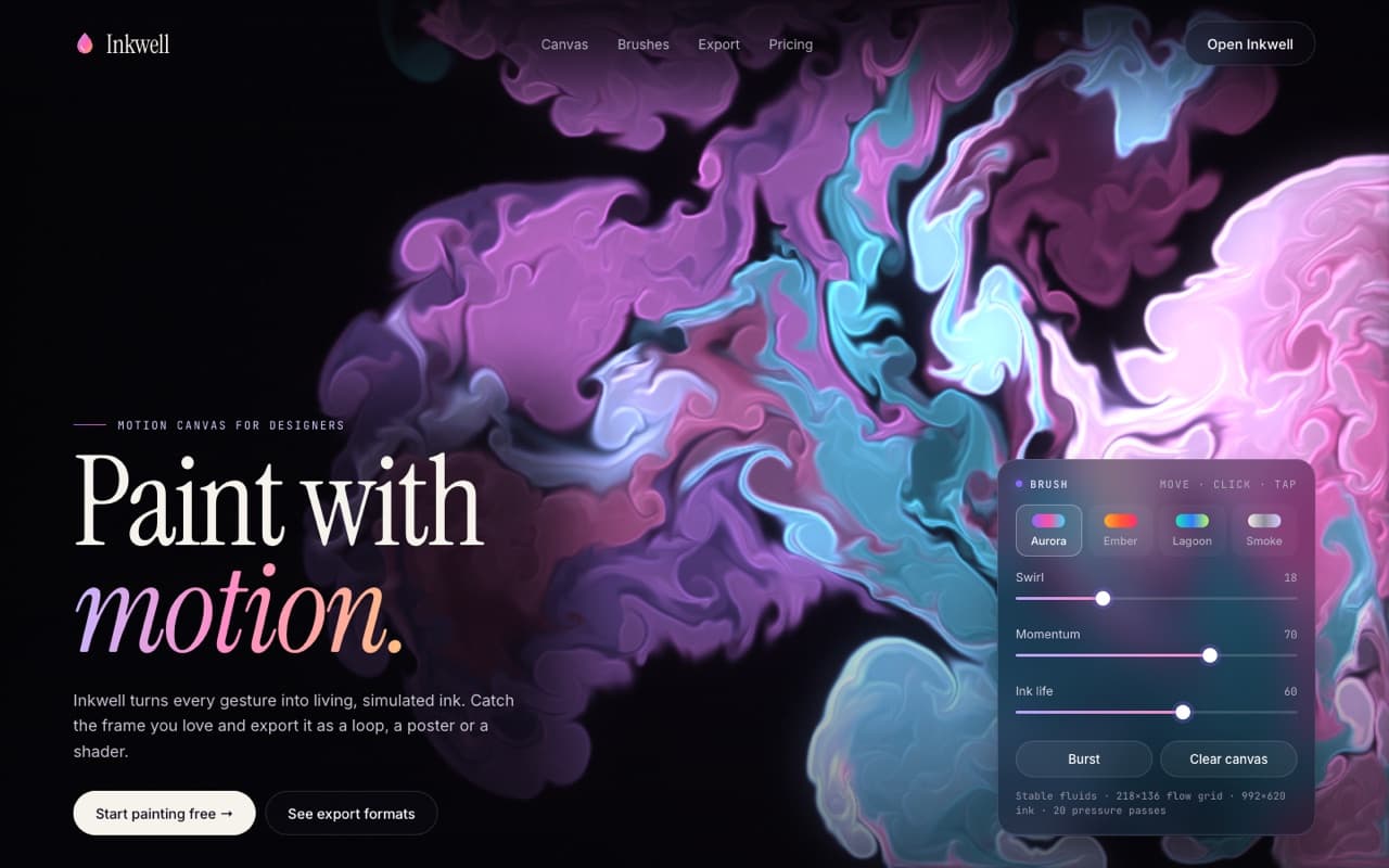 Real-time ink fluid simulation hero (WebGL)